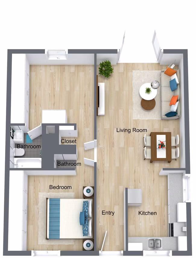 2 BEDROOM 1 BATH floor plan